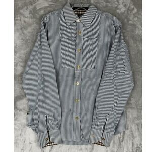 CAVI Mens‎ Blue White Stripe Button Down Shirt Gold Logo Pocket Size M